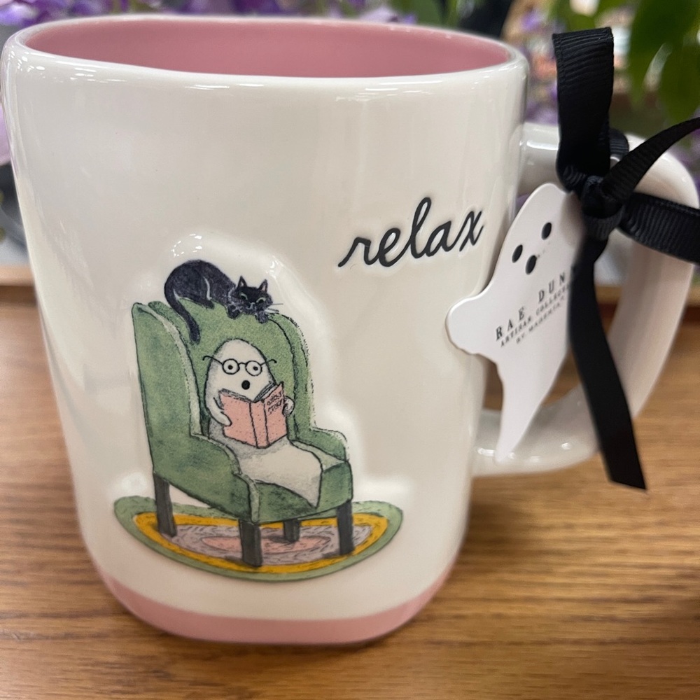 Rae Dunn Halloween Ghost with Black Cat Reading Relax Ceramic Coffee Mug NWT
